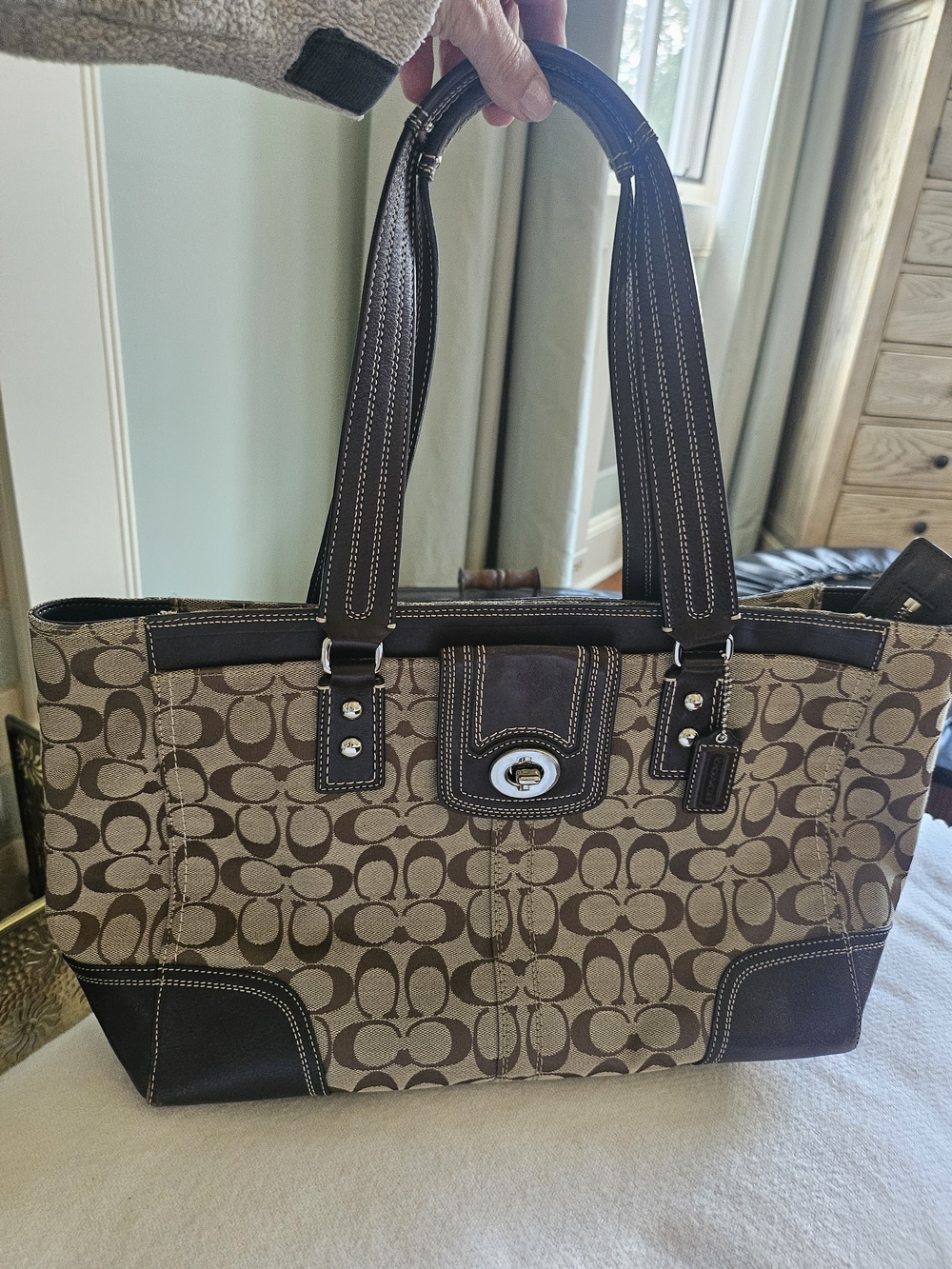 Coach Brown and Tan Signature Canvas Tote with Dark Brown Trim